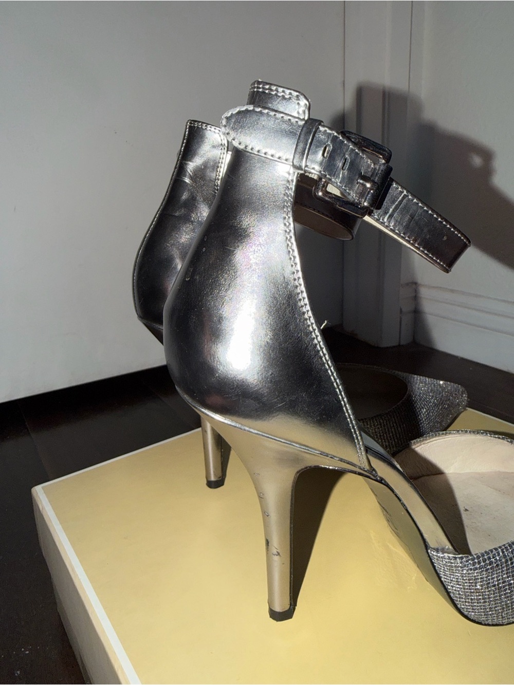 Michael Kors Metallic Silver Glitter Pointed-Toe Ankle-Strap Heels - Picture 6 of 14